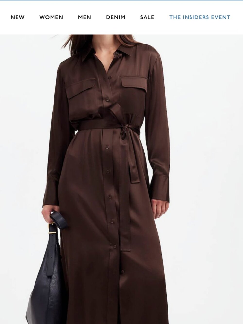NWT Madewell 100% Silk Belted Midi Shirtdress Dark Carob Brown